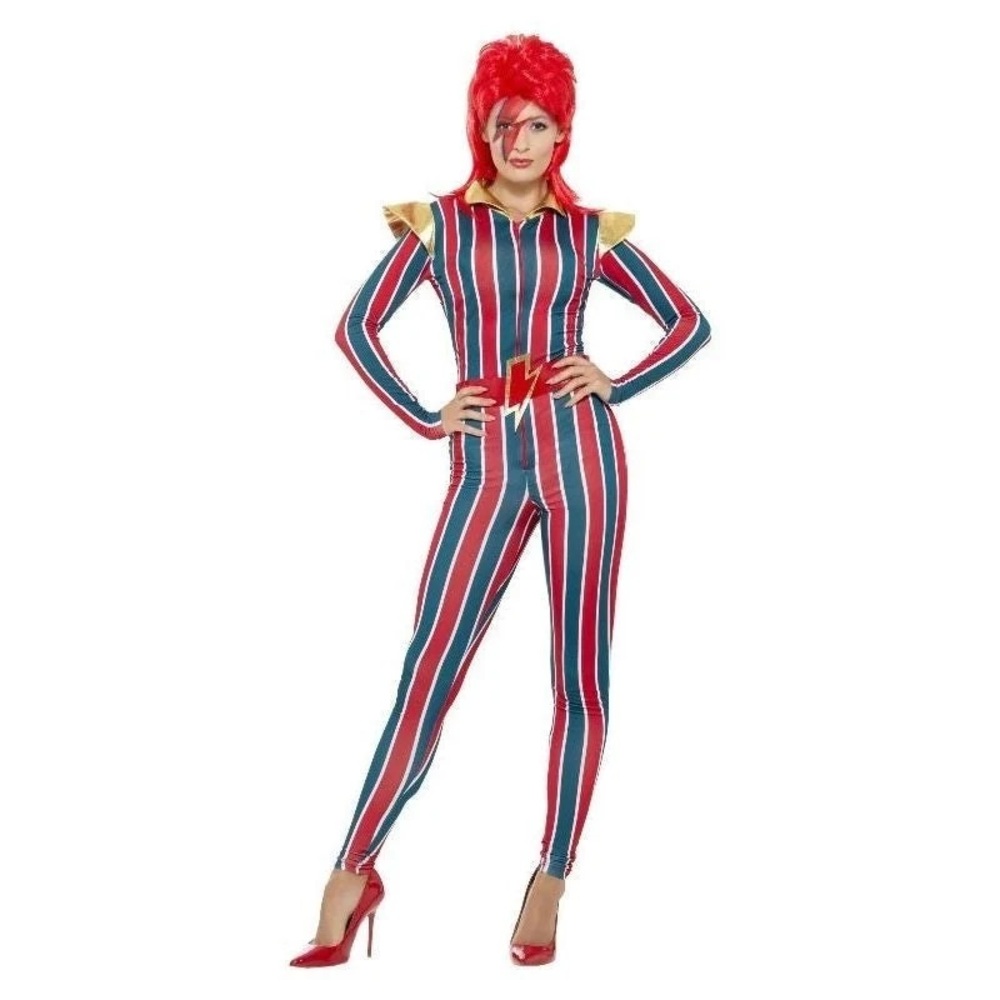 70s Miss Space Superstar Ziggy Costume Adult Jumpsuit Red Blue with wig - medium
